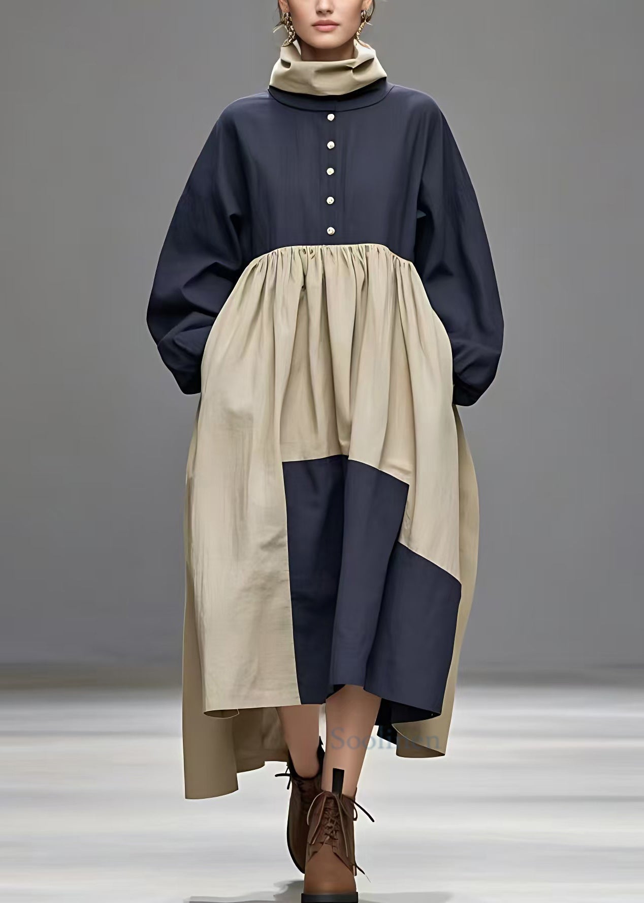 French Navy Turtleneck Pockets Patchwork Cotton Dress Long Sleeve