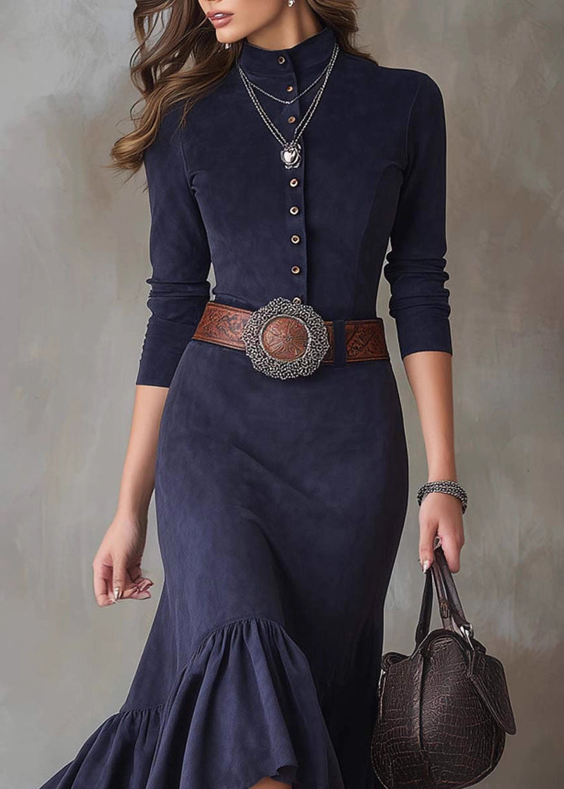 French Navy Wrinkled Button Faux Suede Long Dress Spring