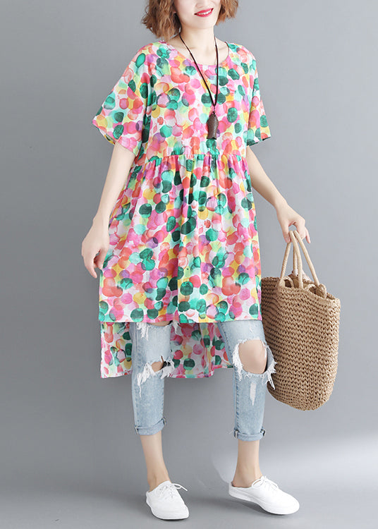 French O-neck Cinched Dot Print Low High Design Dress Short Sleeve