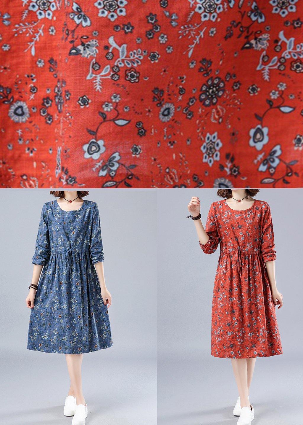French O Neck Drawstring Spring Dresses Wardrobes Blue Print Dress