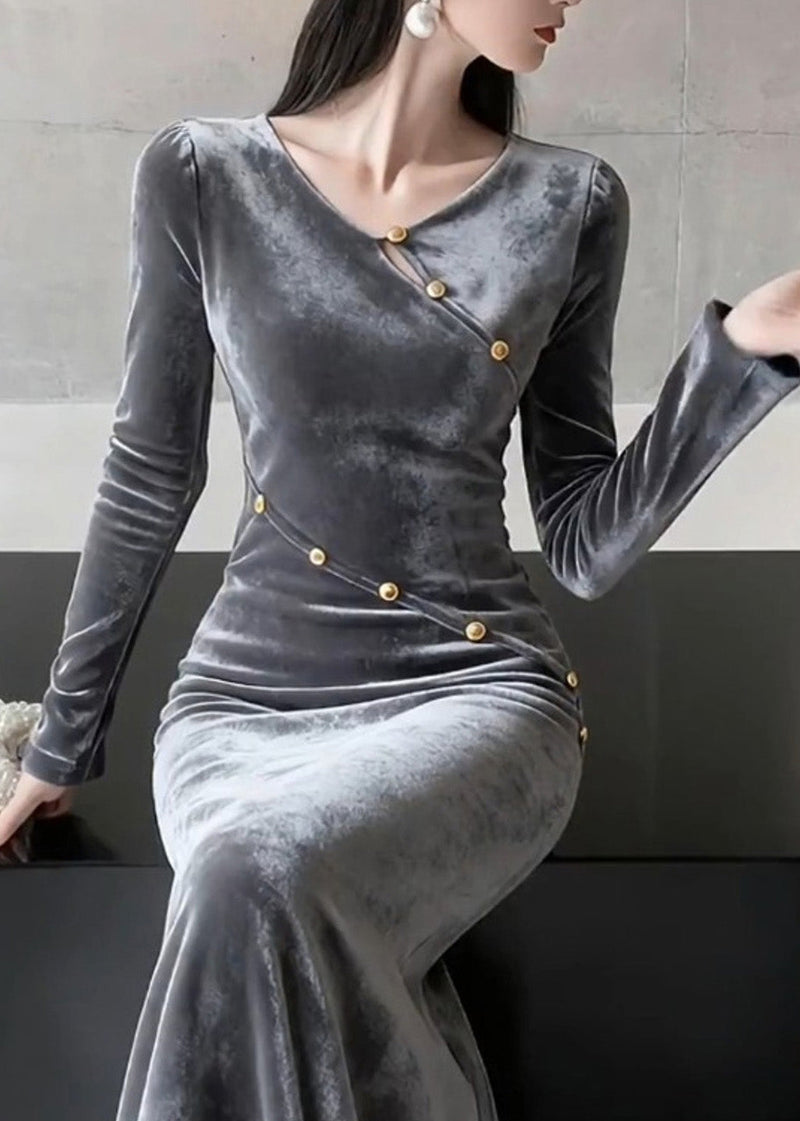 French O Neck Patchwork Slim Fit Velvet Dress Spring
