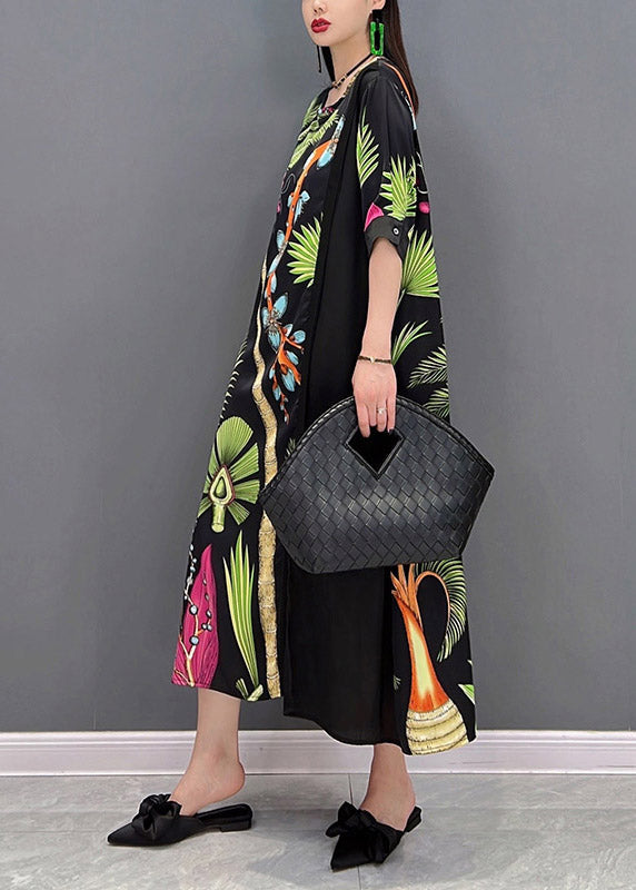 French O-neck Print Patchwork Tie Waist Chiffon Dresses Half Sleeve