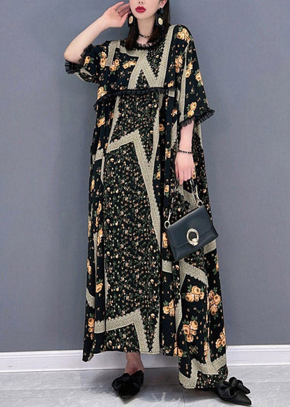 French O-neck Print Ruffled Patchwork Beach Long Dresses Half Sleeve