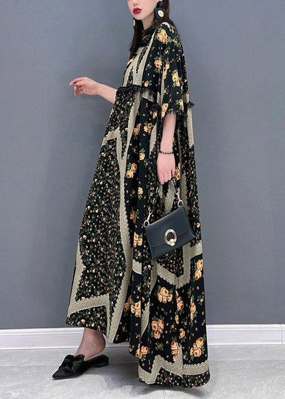 French O-neck Print Ruffled Patchwork Beach Long Dresses Half Sleeve