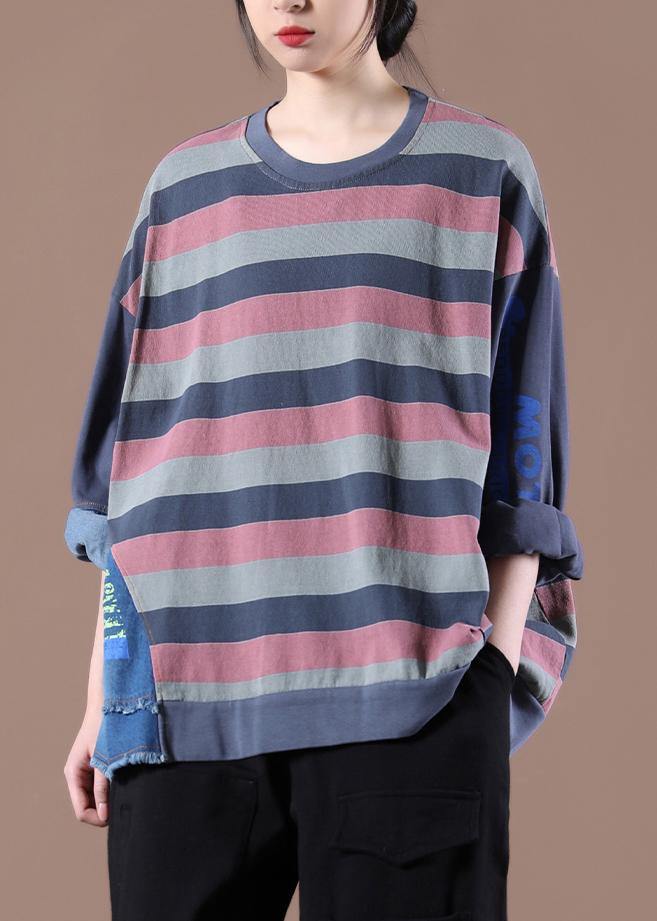 French O-Neck Spring Shirts Pattern Gray Striped Tops