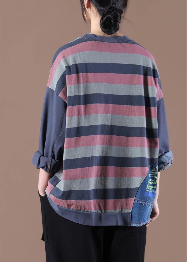 French O-Neck Spring Shirts Pattern Gray Striped Tops