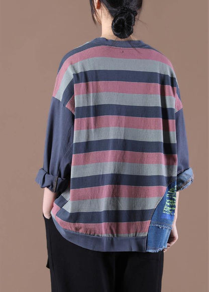 French O-Neck Spring Shirts Pattern Gray Striped Tops