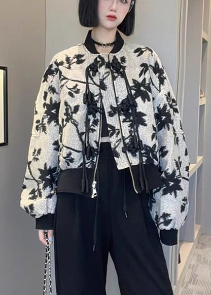 French O-neck Zippered Print Coats Long Sleeve