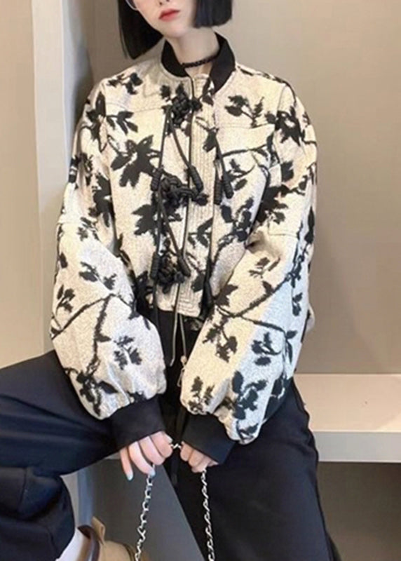 French O-neck Zippered Print Coats Long Sleeve
