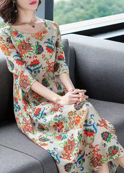 French O-neck Wrinkled Print Chiffon Dress Three Quarter Sleeve