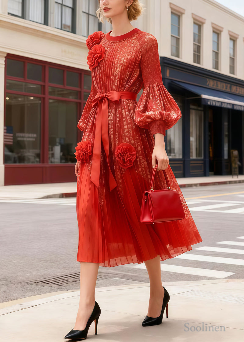 French Orange Decorated Chiffon Party Dress Lantern Sleeve