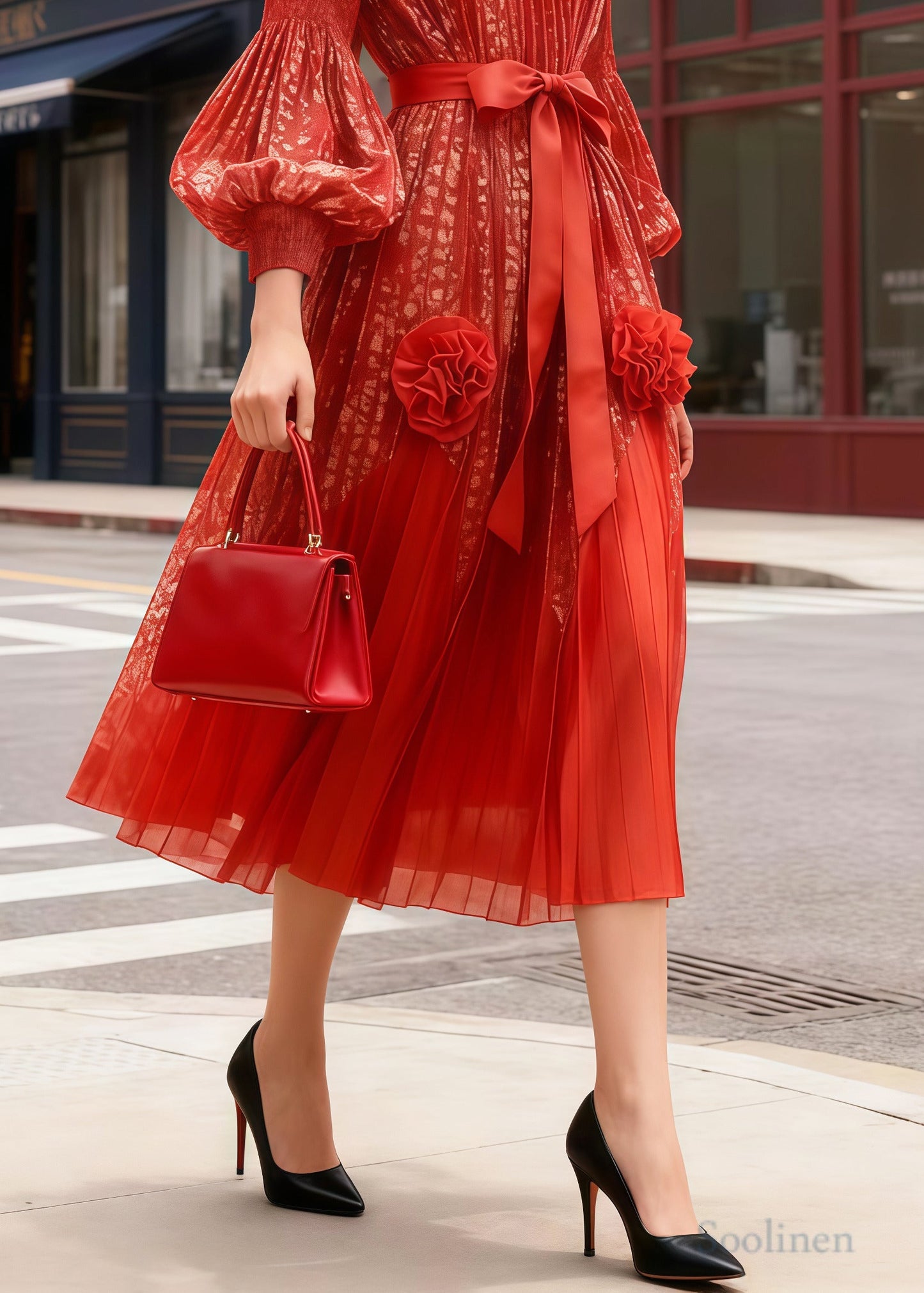French Orange Decorated Chiffon Party Dress Lantern Sleeve