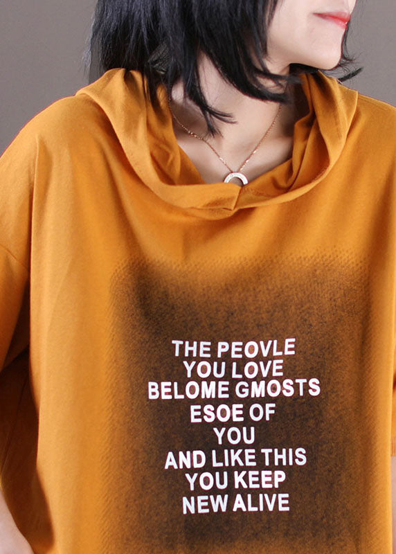 French Orange Hooded Letter Print Cotton Pullover Short Sleeve