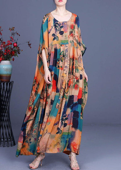 French Orange Print Button Batwing Sleeve Chiffon Summer Maxi Dresses