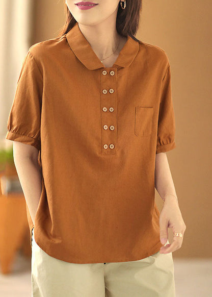 French Orange Color Turn-down Collar Double Breast Cotton Blouses Short Sleeve
