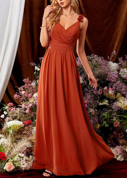 French Orange V Neck Tie Waist Cotton Spaghetti Strap Dress Sleeveless