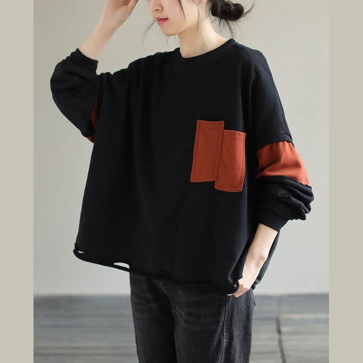 French Patchwork cotton Spring Long Shirts Work Outfits Black blouses