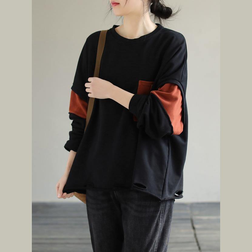 French Patchwork cotton Spring Long Shirts Work Outfits Black blouses