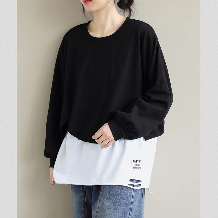 French Patchwork cotton SpringBlouse Neckline Black Shirts