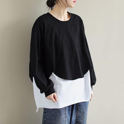 French Patchwork cotton SpringBlouse Neckline Black Shirts