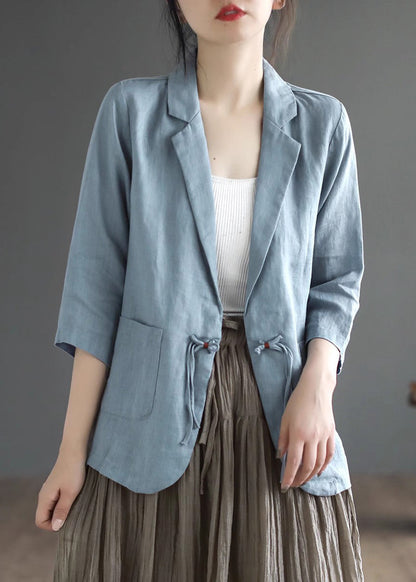 French Peacock Blue Notched Button Coats Half Sleeve