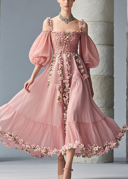 French Pink Cold Shoulder Three-dimensional Chiffon Party Dress Puff Sleeve