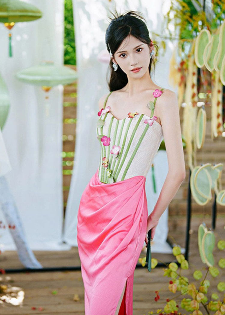 French Pink Patchwork Wrinkled Side Open Slip Dress Sleeveless