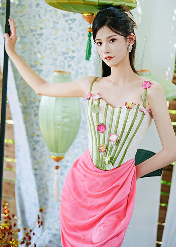 French Pink Patchwork Wrinkled Side Open Slip Dress Sleeveless