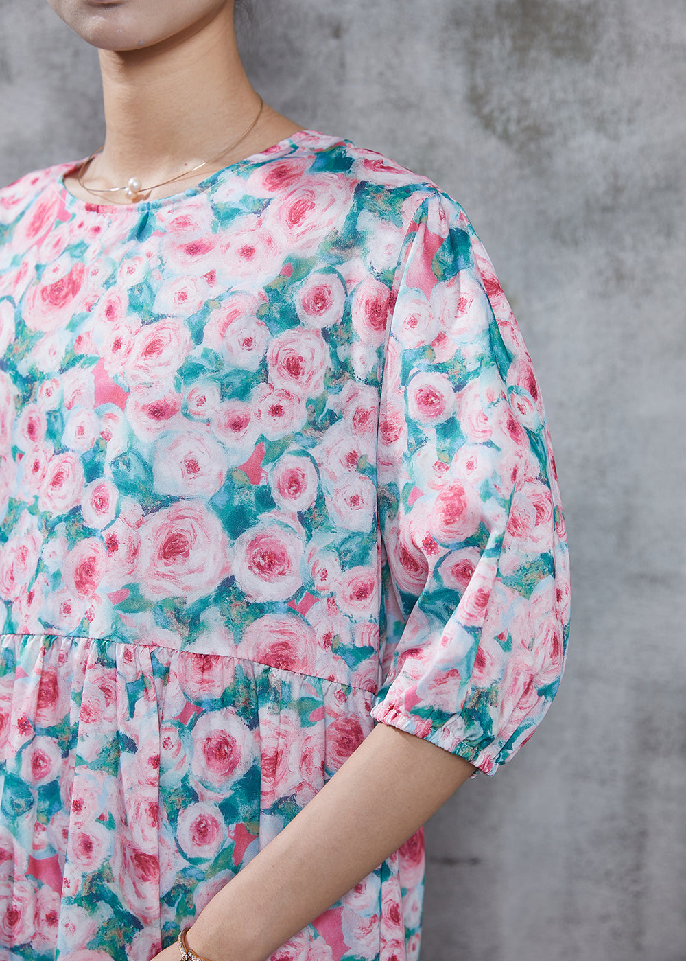 French Pink Print Cotton Long Dress Summer