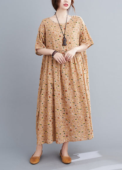 French Pink Orange O-neck Wrinkled Print Cotton Loose Dresses Short Sleeve