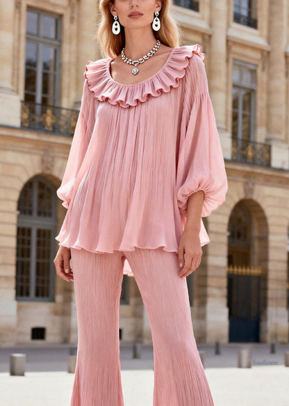 French Pink Ruffled Patchwork Chiffon Shirts and Flared Trousers Two Pieces Set Lantern Sleeve