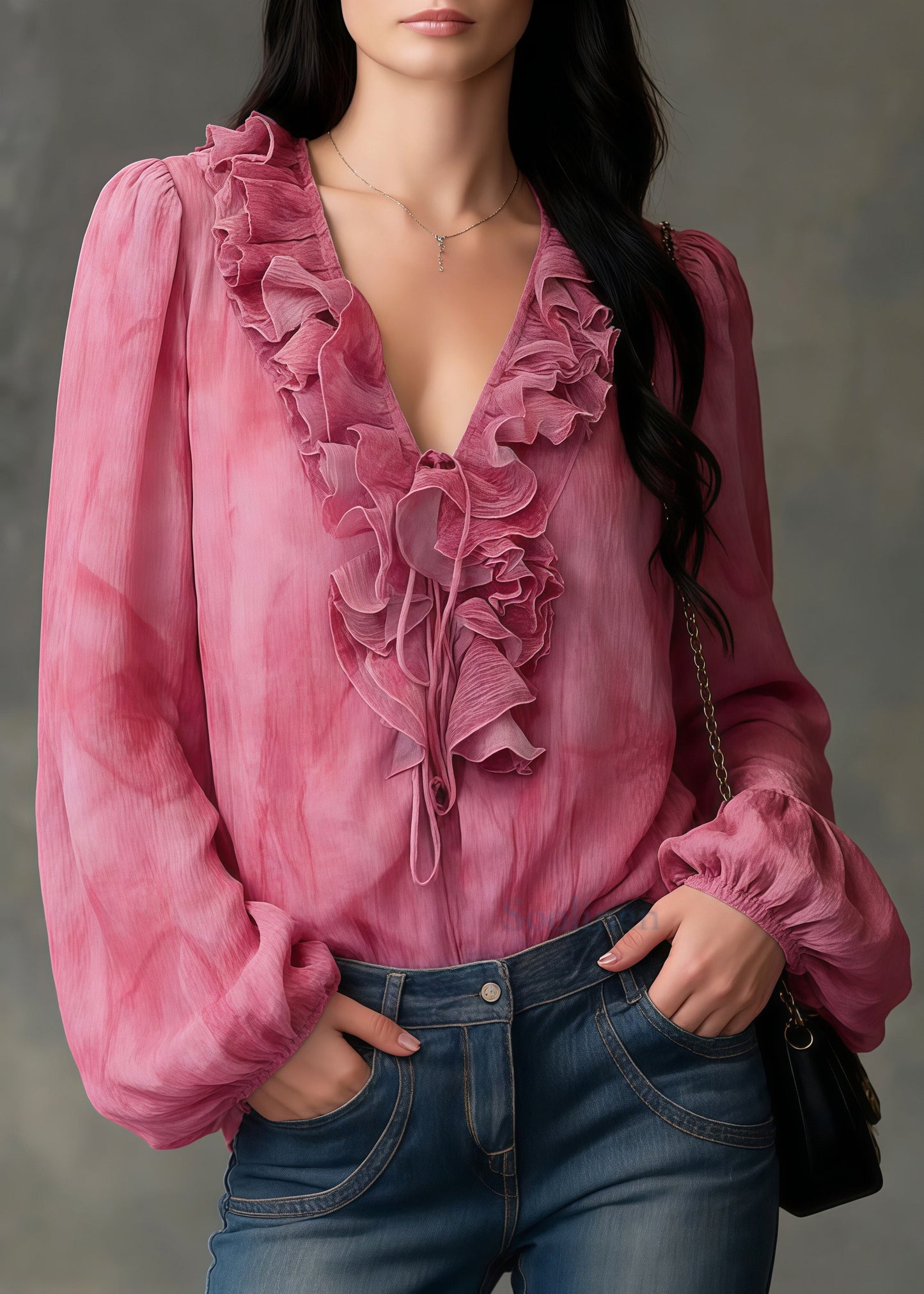 French Pink Ruffled Tie Dye Chiffon Shirt Top Spring