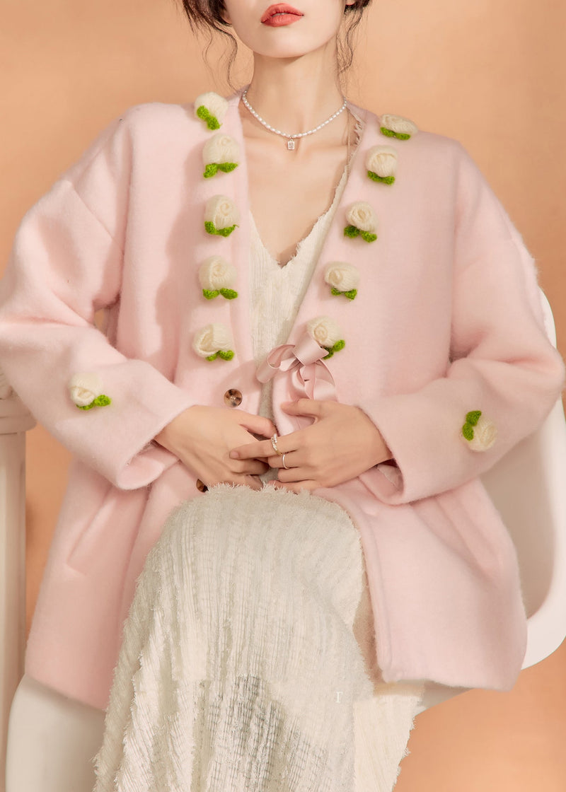 French Pink V Neck Button Woolen Coat Spring