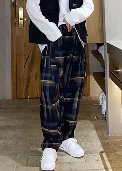 French Plaid Lace Up High Waist Cotton Pants Fall