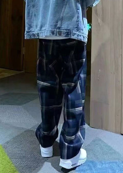 French Plaid Lace Up High Waist Cotton Pants Fall