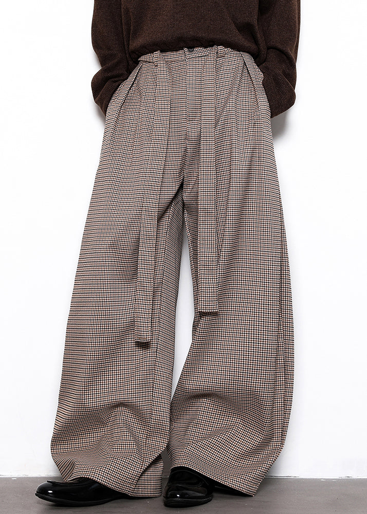 French Plaid Lace Up High Waist Cotton Wide Leg Pants Fall