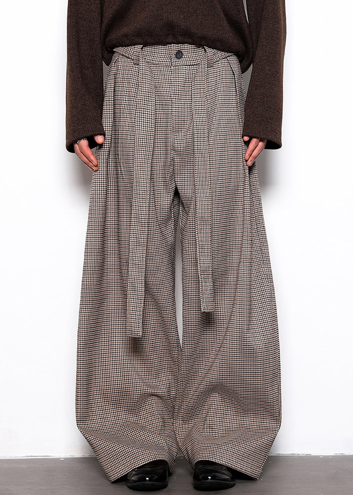 French Plaid Lace Up High Waist Cotton Wide Leg Pants Fall