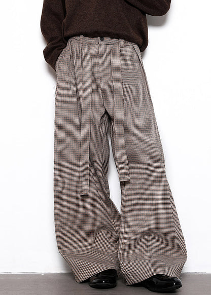 French Plaid Lace Up High Waist Cotton Wide Leg Pants Fall