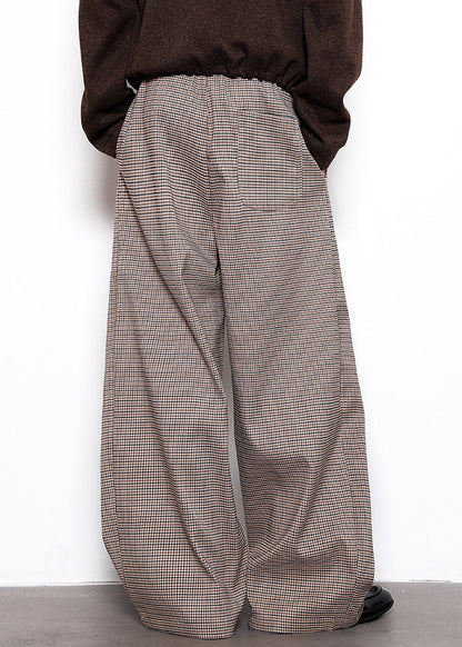 French Plaid Lace Up High Waist Cotton Wide Leg Pants Fall