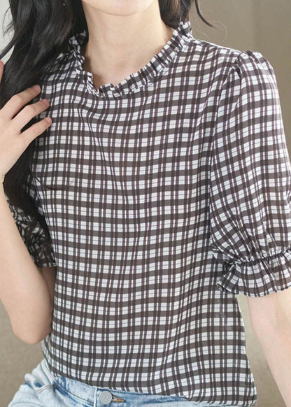 French Plaid Ruffled Patchwork Chiffon Shirt Tops Summer