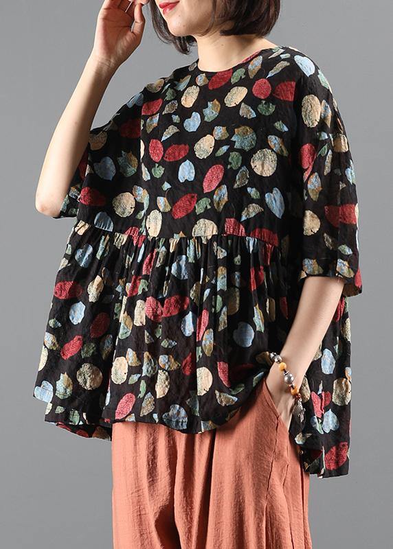 French Plant Printing Top Silhouette Work Outfits O Neck Cinched Summer Blouse