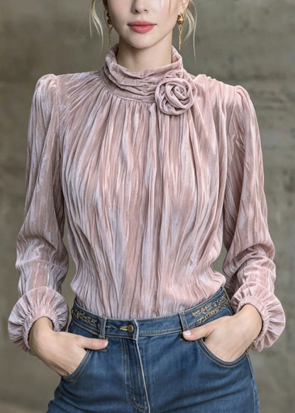 French Purple Floral Wrinkled Velour Shirt Top Spring
