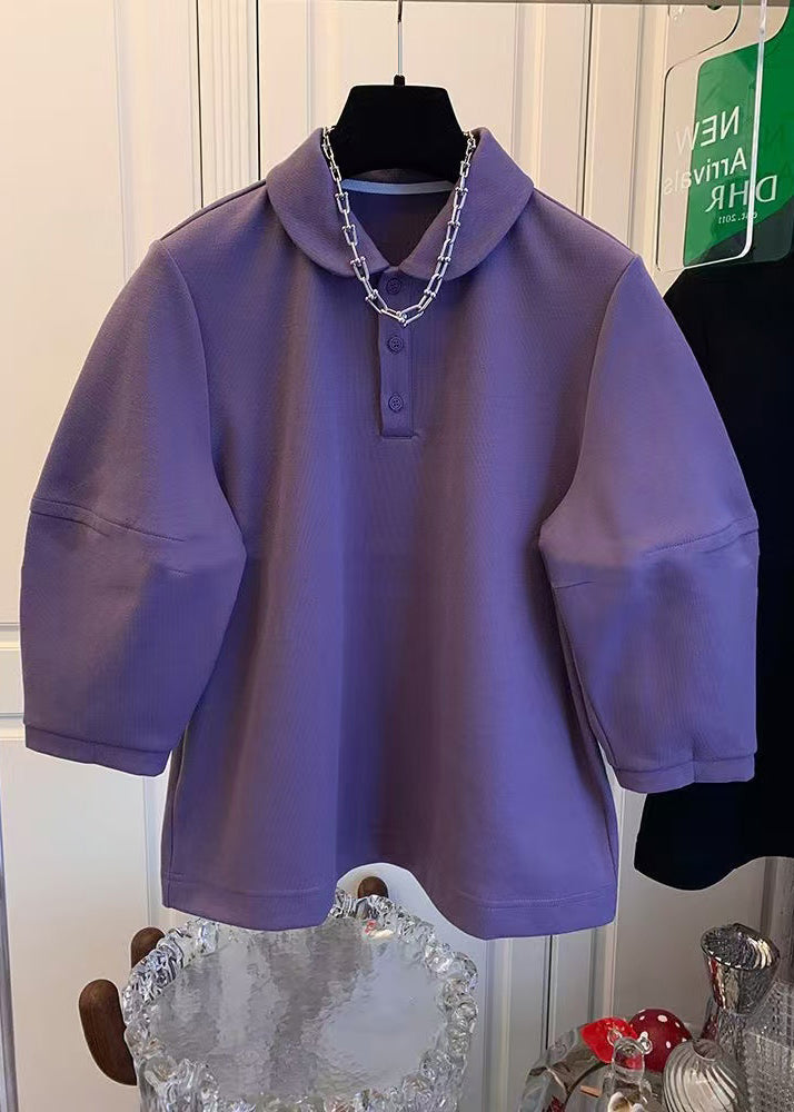French Purple Peter Pan Collar Patchwork Cotton Tops Spring