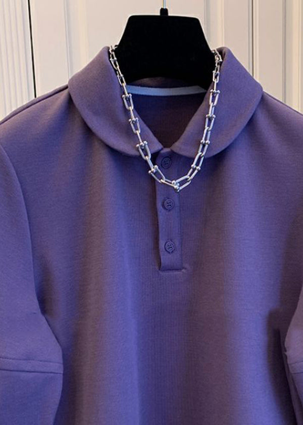 French Purple Peter Pan Collar Patchwork Cotton Tops Spring