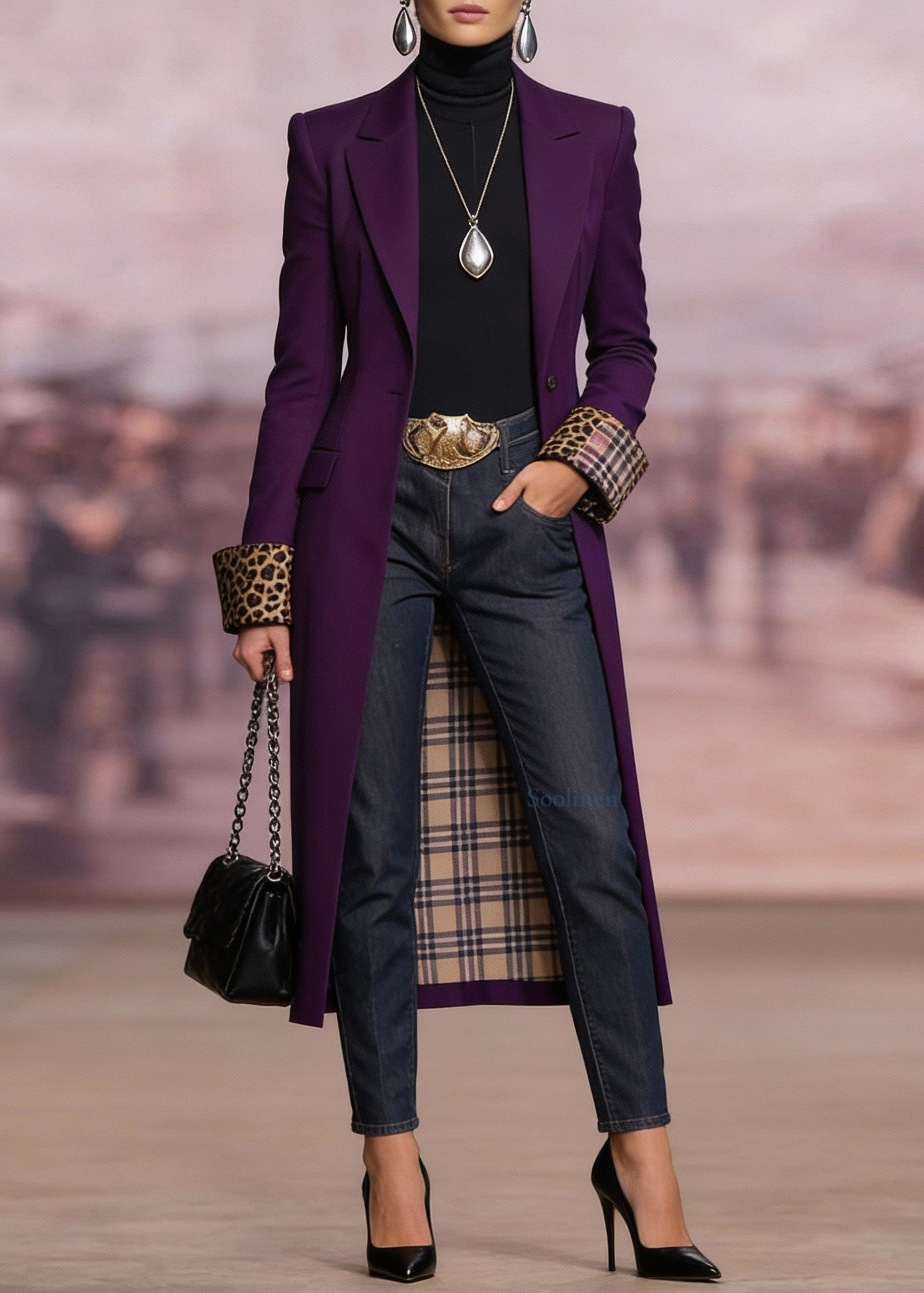 French Purple Peter Pan Collar Pockets Long Trench Coat Spring