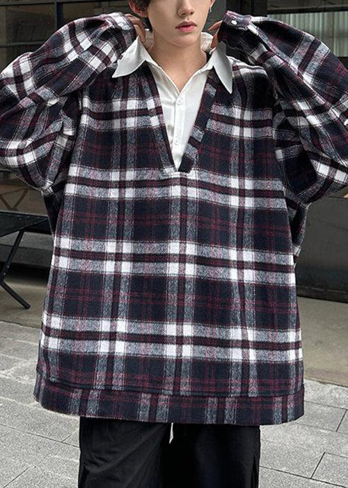 French Purple Plaid Button Patchwork Woolen Shirts Spring