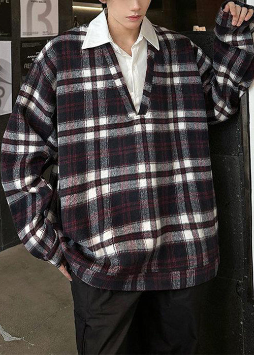 French Purple Plaid Button Patchwork Woolen Shirts Spring