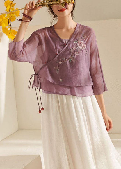 French Purple Tie Waist Embroideried Summer Top