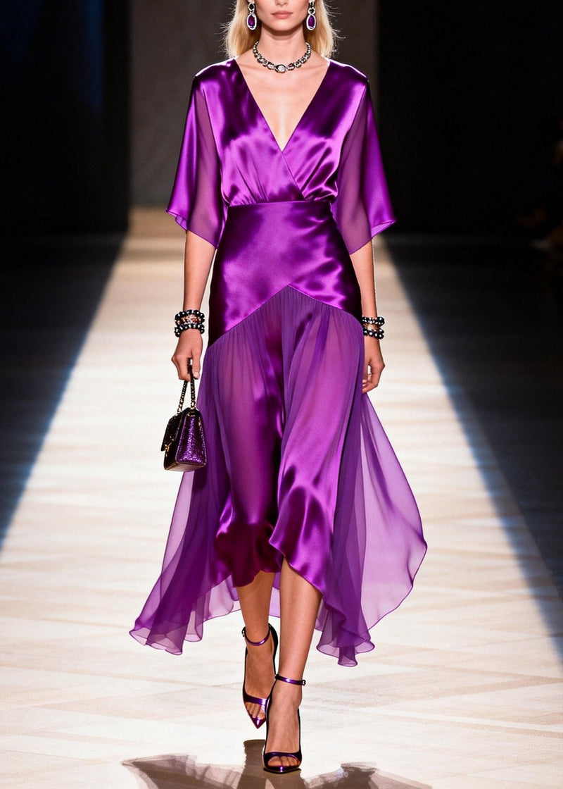 French Purple V Neck Patchwork Silk Dresses Summer