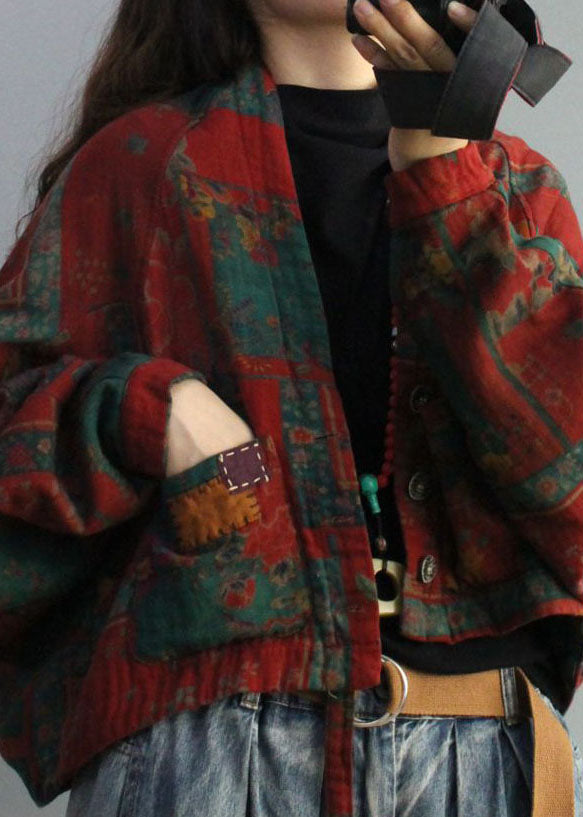French Red Bat Wing Sleeve Print Low High Design Coat Winter